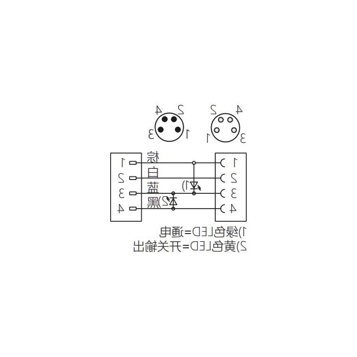 M8 4Pin, female 90° with LED light turn male straight, double end pre-cast PVC non-flexible cable, grey sheathing, 63D183-XXX